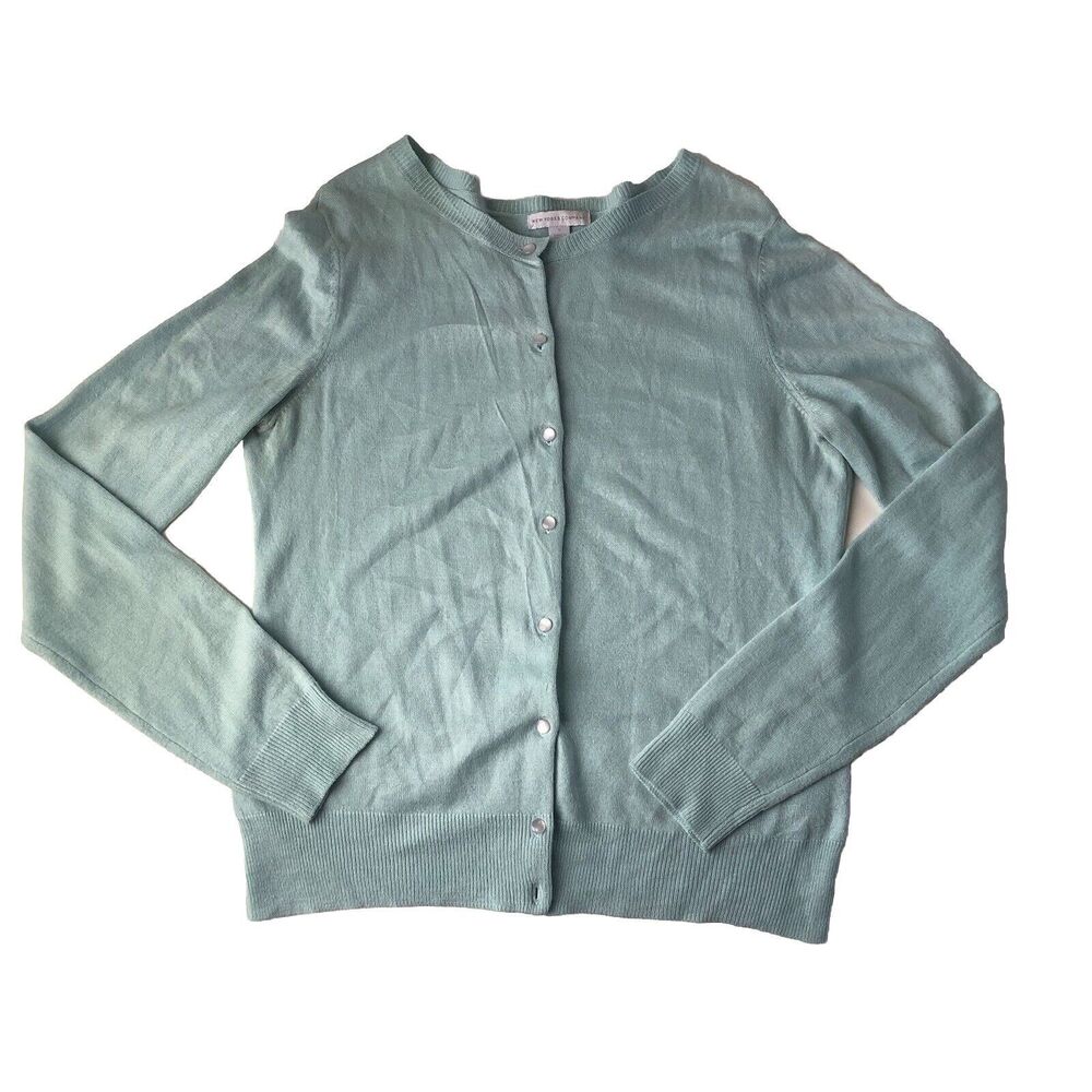 New York & Company Womens Knit Sweater Blue Cardigan Buttons Medium